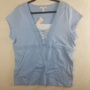 Dressbarn Woman Light Blue Cotton Lace Up Crochet Trim Top Plus 14/16 1X NWT
